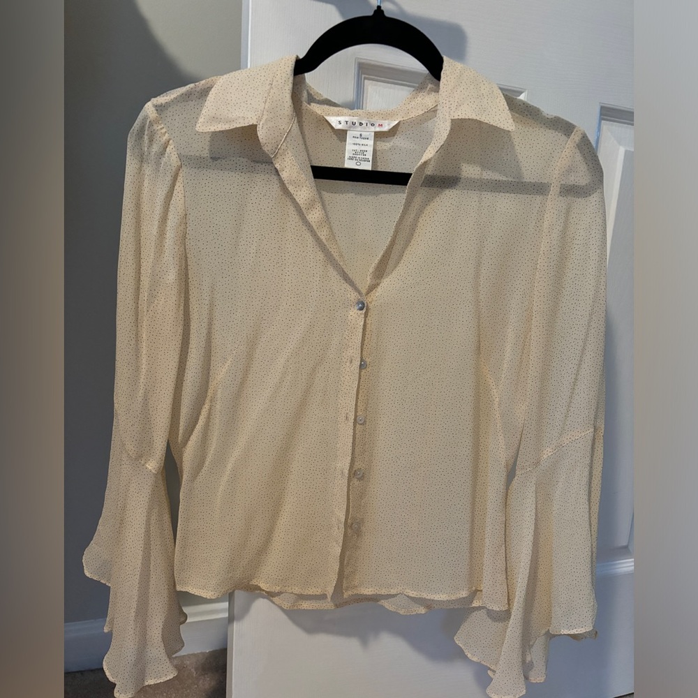 Silk button down shirt bell sleeve